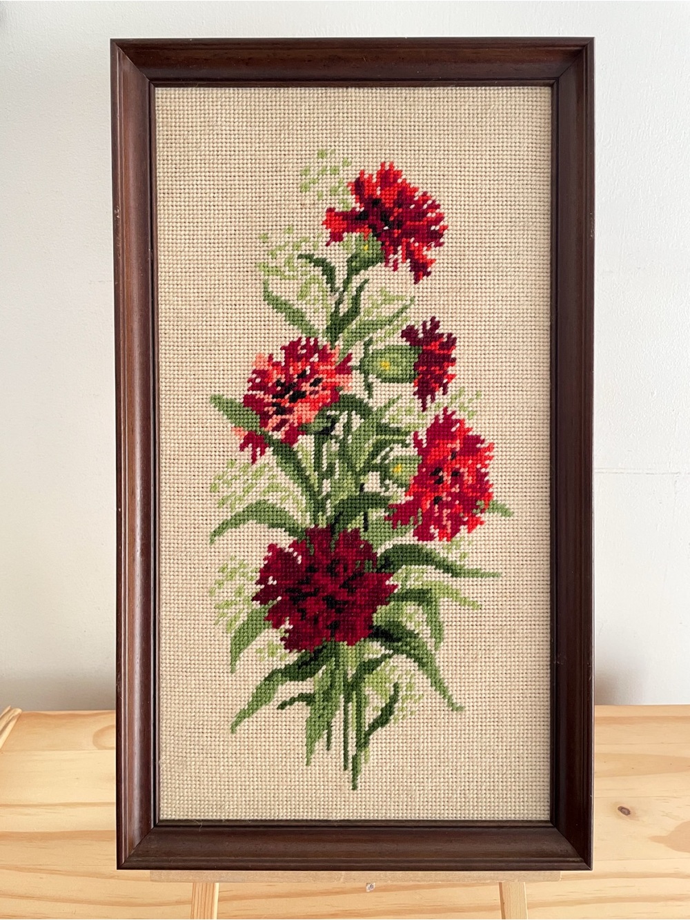 Vintage Red Carnation Floral Framed Needlepoint Wall Art